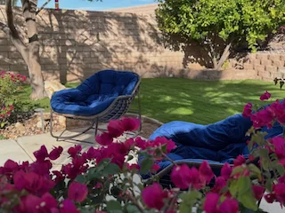 2 blue outdoor cushions on rattan wicker style rocker chairs